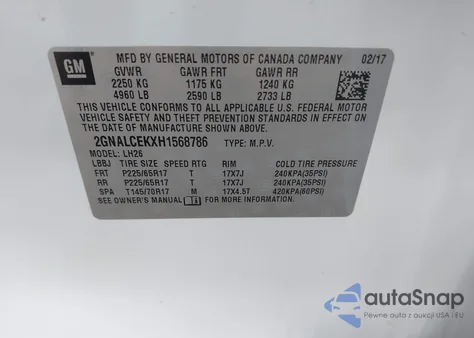 2017 Chevrolet Equinox Lt from USA, damaged, VIN 2GNALCEKXH1568786